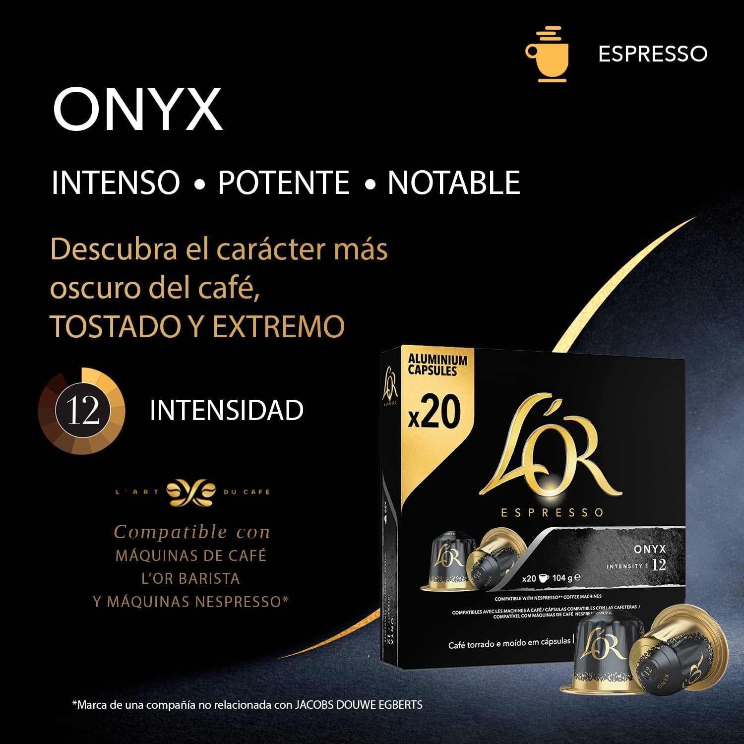 L'OR Espresso Kaffeekapseln Onyx | Intensitet 12 | 200 kompatibla Nespresso-kapslar (R)* - exklusivt för Amazon
