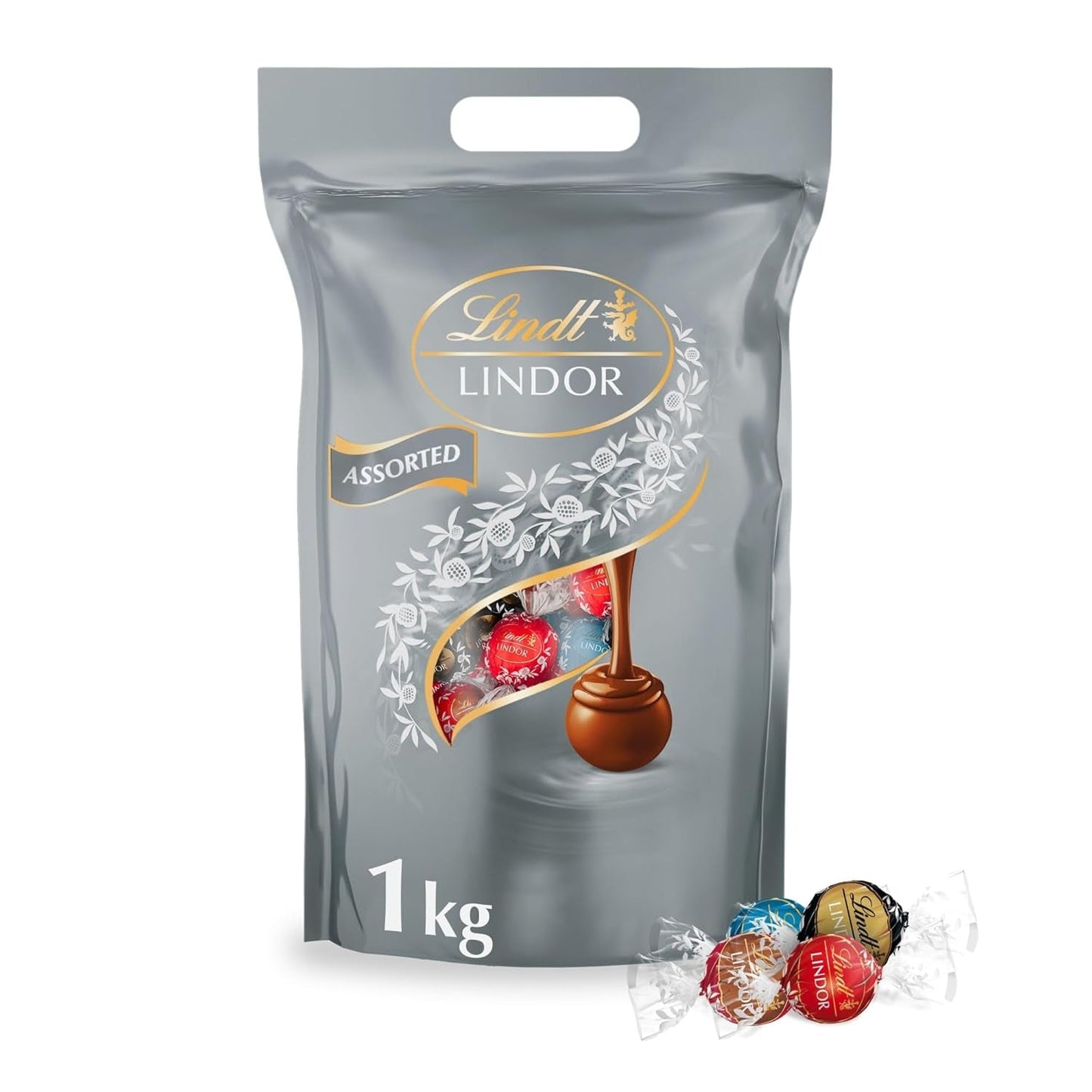 Lindt Choklad | Diverse väska LINDOR silver | 1 kg påse | 80 smält-i-munnen mjölkchokladbollar, 70 %, saltad kola och dubbelchokladsmaker | Gåva av choklad att dela