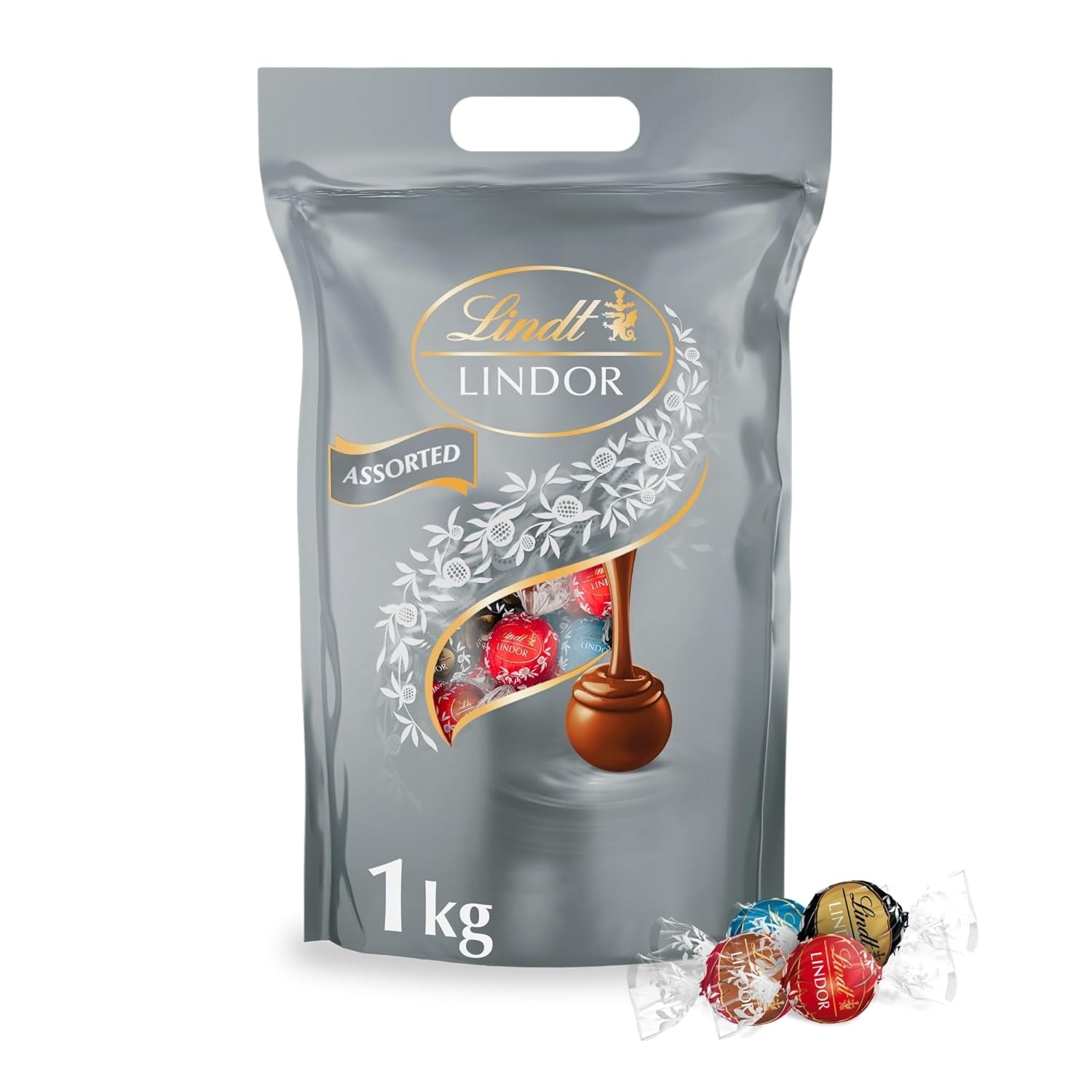 Lindt Choklad | Diverse väska LINDOR silver | 1 kg påse | 80 smält-i-munnen mjölkchokladbollar, 70 %, saltad kola och dubbelchokladsmaker | Gåva av choklad att dela