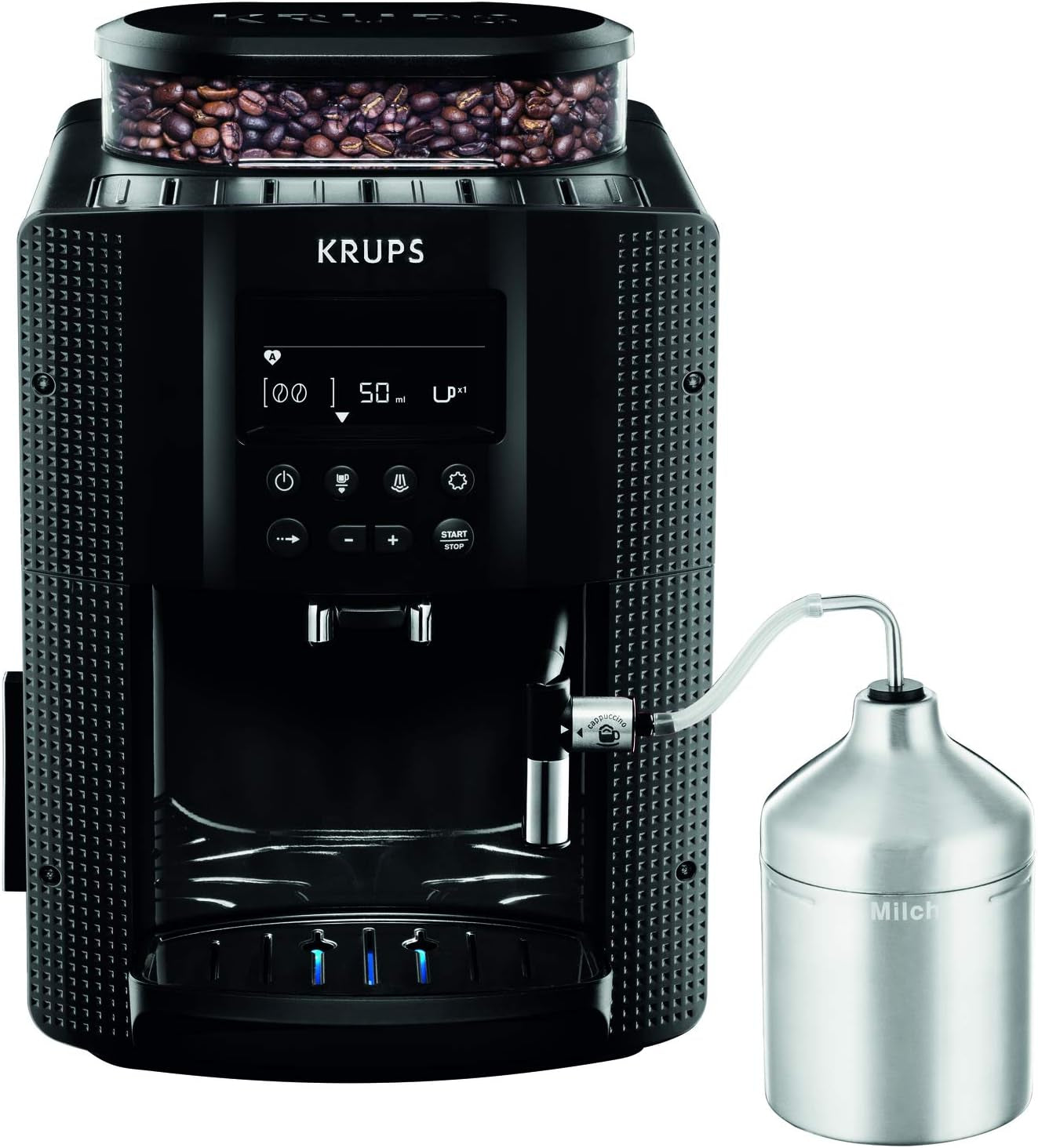 KRUPS Arabica Picto automatisk espressomaskin, kompakt design, lätt att använda, intuitivt justerbar vridreglage, mjölkskummare, 2-koppsfunktion, espressomaskin, svart, EA810870