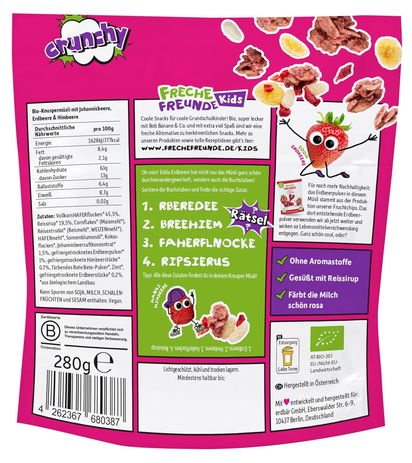 FRECHE FREUNDE Ekologisk frukostmüsli Eddans bärknäckiga müslimix för skolbarn med frystorkade jordgubbar Vegansk 6-pack (6 x 280 g)