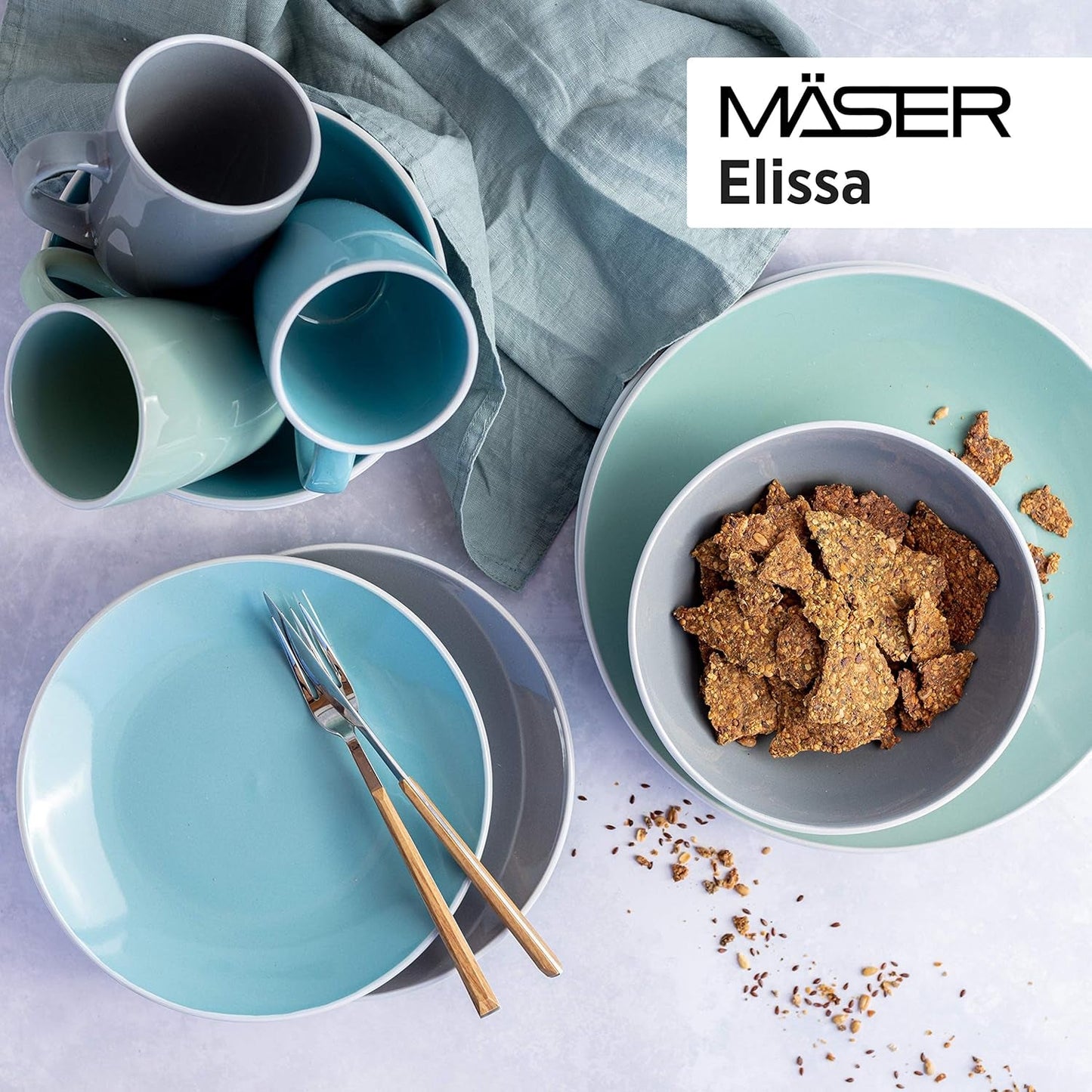 MÄSER 931844 Elissa Series Moderna servisset för 6, blå med vit kant, 24-delat kombinationsset, keramik