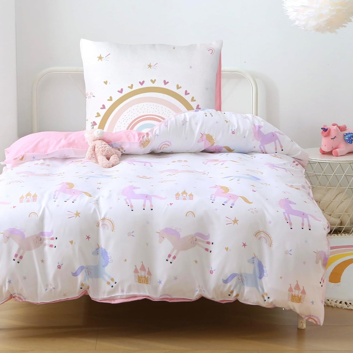 Fekohipy Bettwäsche 135X200 Mädchen Einhorn Kinderbettwäsche Rosa 3D-Druck Mikrofaser Regenbogen Kinder Bettbezug Mit Zwierzweissung Und 1 Kissenbezug 80X80Cm 2-Teilige Kinderbettwäsche-Set Naty Shop Einhornregenbogen 130mX200C