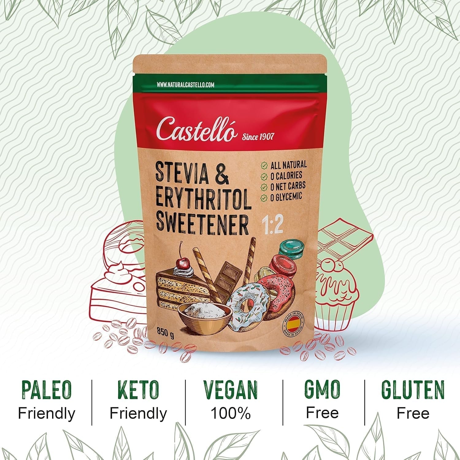 Stevia + Erythritol 1:2 Süßstoff | 1G = 2G Zucker | 100% Natürlicher Zuckerersatz - 0 Kalorien - 0 Glykämischer Index - Keto Und Paleo - 0 Netto-Kohlenhydrat - Kein GVO - Castello sedan 1907 - 850 G Sweeteners Naty Shop