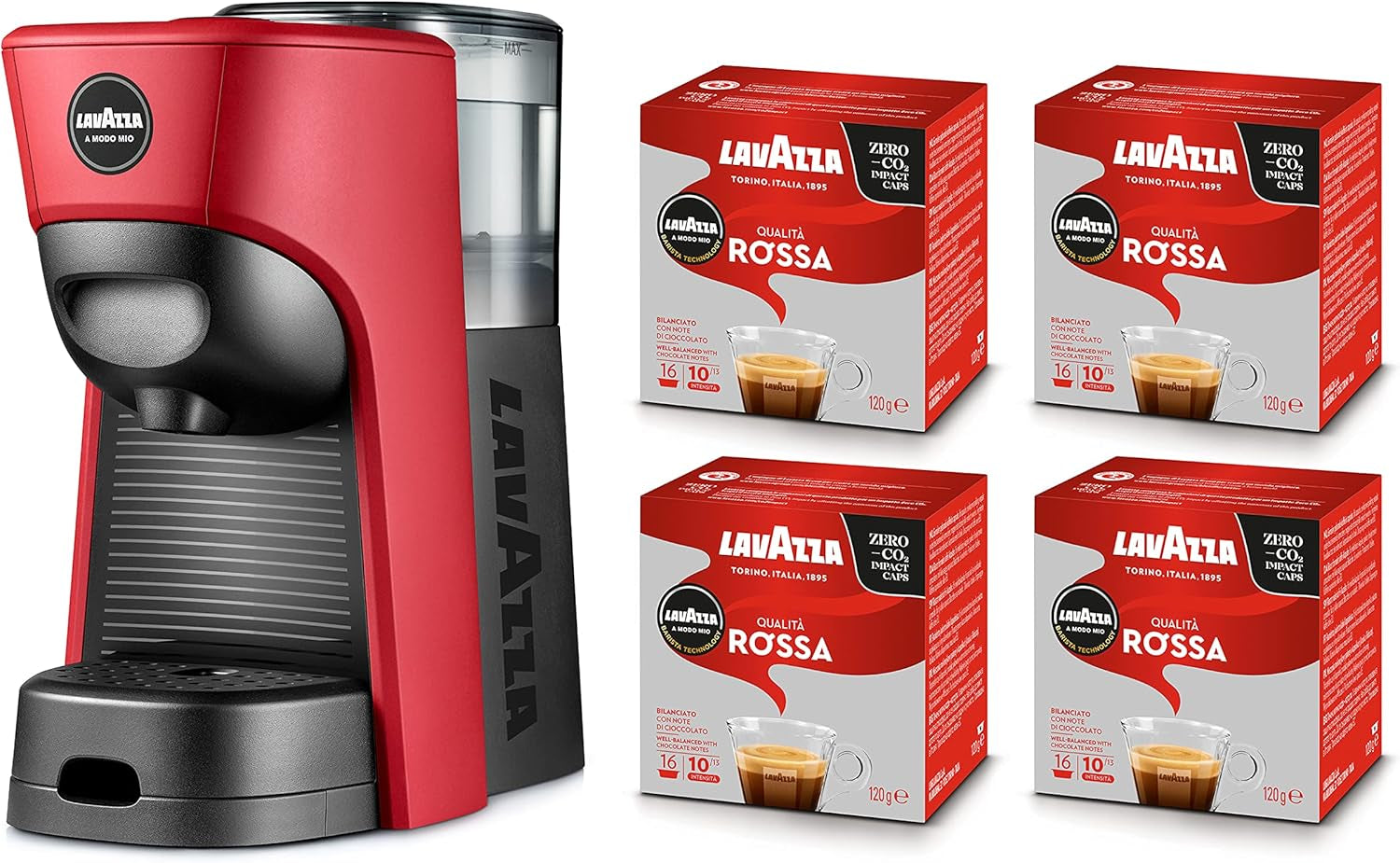 Lavazza, Espressor A Modo Mio Tiny Eco Red med 64 kapslar, Espressor av återvunnen plast, 1450 W, 220-240 V, 50/60 Hz, 0,6 liter