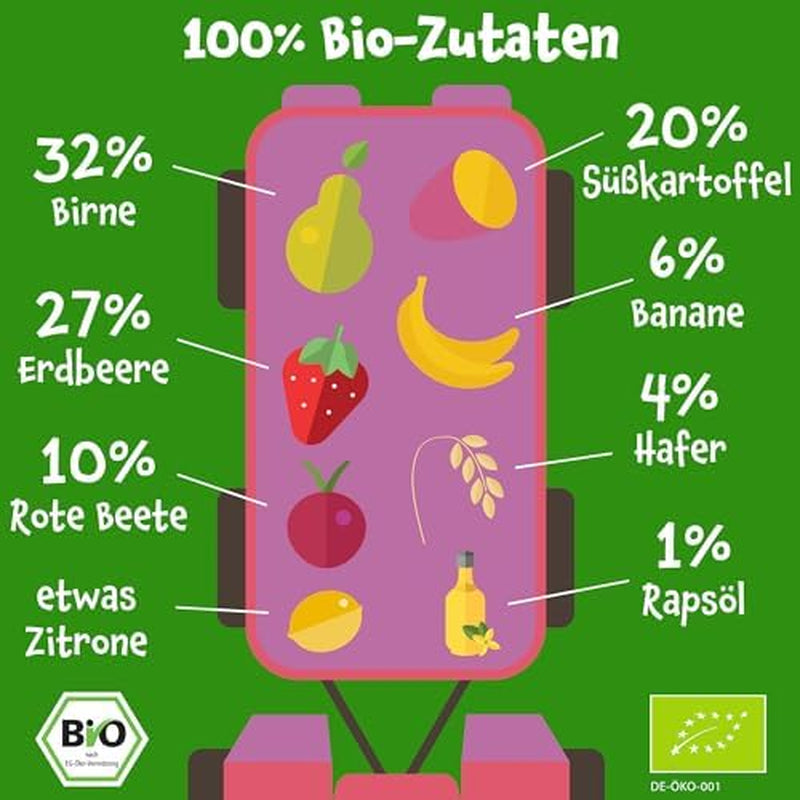 Pumpkin Organics-påsar med ekologiska grönsaker och flingor, 8-pack: Päron, Jordgubbar, Sötpotatis, Rödbetor, Banan, Havre - Inget tillsatt socker¹ - Från 6 månader - som mellanmål eller kompletterande mat i förpackningen (8 x 100g)
