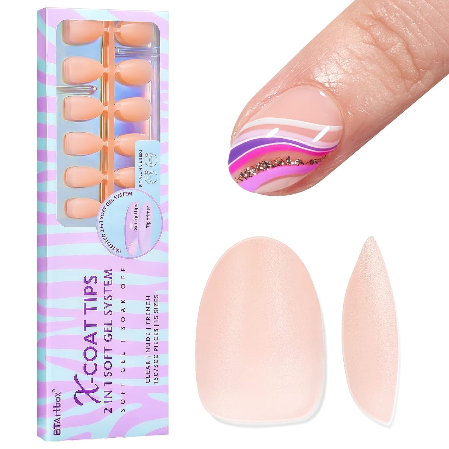 Btartbox Extra Korta Soft Gel Nails Heltäckande Mandel Korta Nagelspetsar 160 st Fördesignade XCOATTIPS konstgjorda naglar Mandel Korta nageltips för nagelförlängning