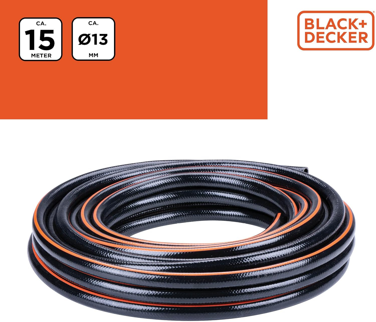 BLACK+DECKER Trädgårdsslang 15 meter - Ø13MM - Slitstark PVC - Vattna trädgården, tvätta bilen, fylla poolen - Kompatibel med alla vanliga kranar - Svart/Orange