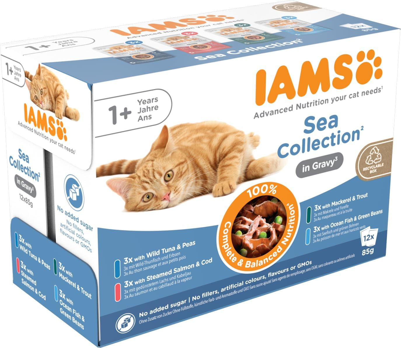 IAMS Delights Sea Collection Katzenfutter Nass - Multipack mit Fisch Sorten (Lachs, Thunfisch, Makrill, Seefisch) i sås, Nassfutter für Katzen från 1 Jahr, 12 x 85g