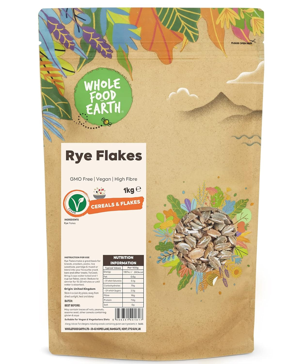 Wholefood Jordrågflingor - icke-GMO - vegan - mjölkfritt - utan tillsatt socker, 1 kg