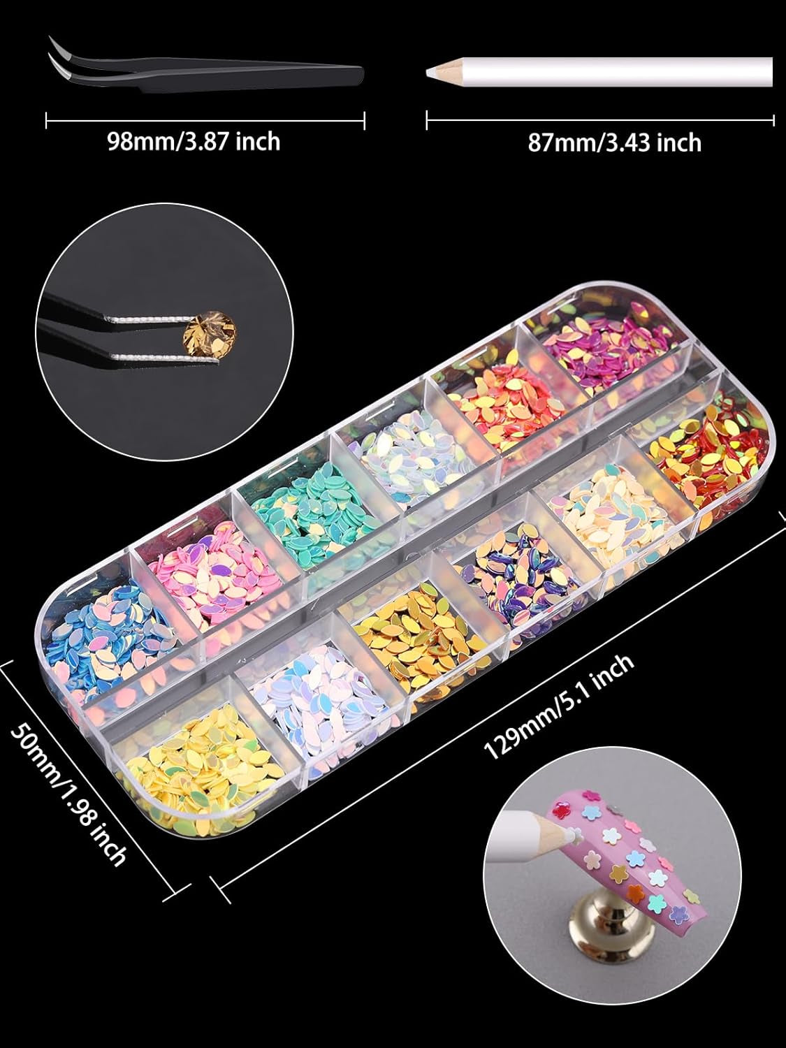 EBANKU Nail Art Strass Kit Multi Design Zubehör Mit 1 Pinzetten 1 Stück Wachsstifte Deko Diamanten Kristalle Perlen Edelsteine ​​Bunt Pferdeaugen Strass Metall Nieten Für Nagel DIY (1 Stück (10Er Pack))