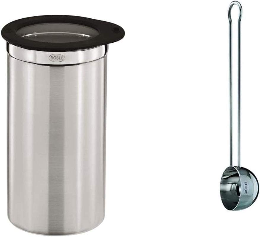 RÖSLE kaffekartong med lock, rostfritt stål 18/10, 10 cm & kaffemått, högkvalitativ kaffesked för enkel dosering av malet kaffe, rostfritt stål 18/10, 17 x 3,7 x 2,7 cm, silver Matförvaringslådor Naty Shop Paket Plåtstorlek