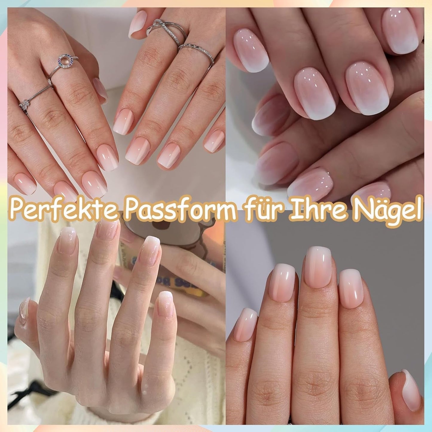 False Nails Set - 240 st Korta fyrkantiga naglar Soft Gel Model Naken Vit Gradient Fake Natural Lime On Fake Nails For Women DIY (Nude Gradient, 240X)