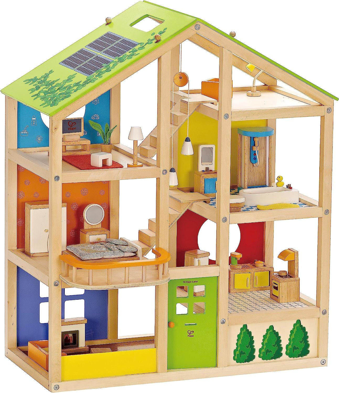 Hape Four Seasons Dollhouse - prisbelönt trevånings dockhus i trä med möbler, tillbehör, skjuttrappa och vändbart tak för alla årstider, för barn från 3 år och uppåt