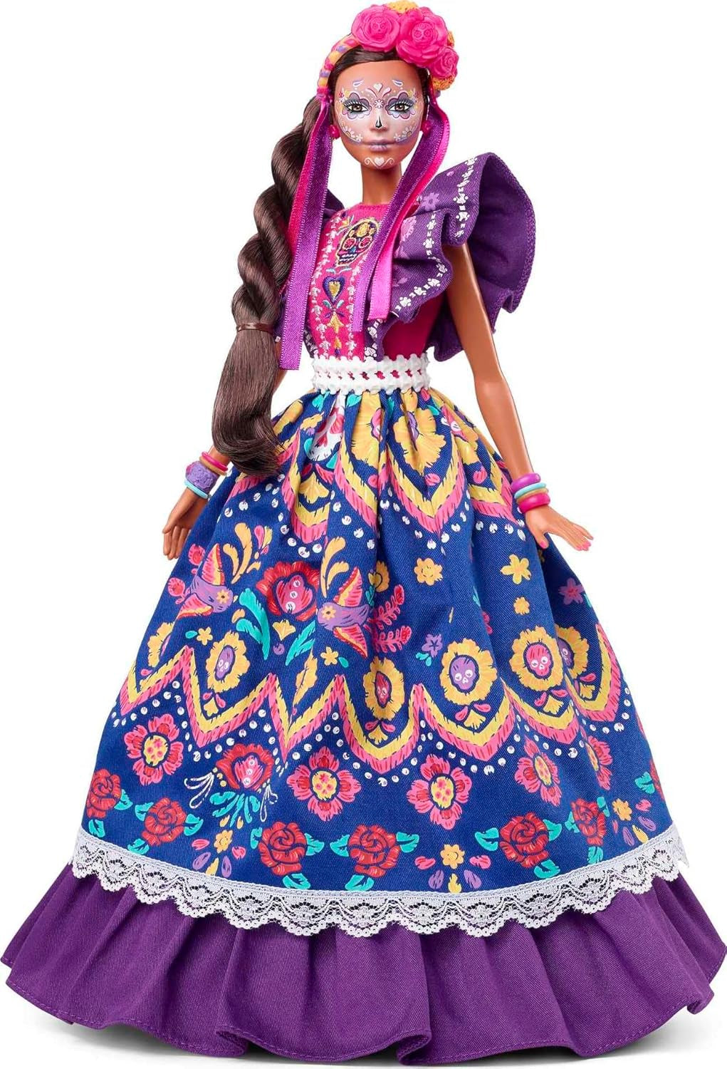 2022 Día De Muertos barbiedocka med rufsig traditionell klänning, blomsterkrans och Calavera ansiktsfärg, present till samlare