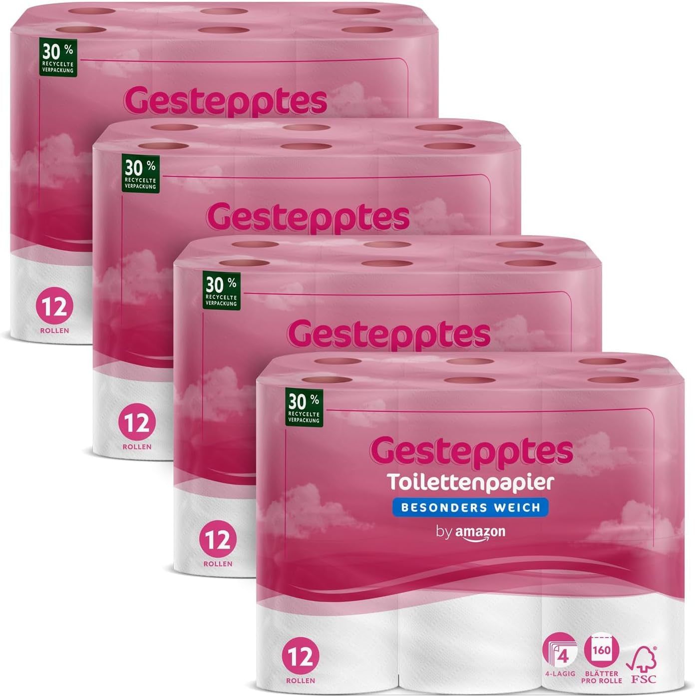 By Amazon toalettpapper, 4-lagers vadderat, extra mjukt, 48 rullar (12 rullar, paket med 4), 160 ark per rulle, Fsc-certifierad