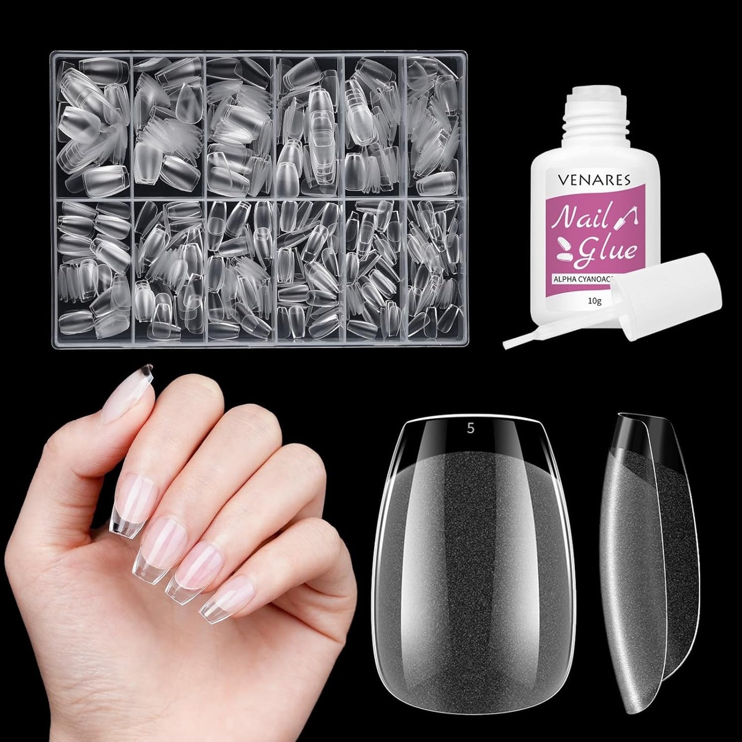 Korta lösnaglar Ballerina 500st lim på 12 storlekar konstgjorda naglar Korta mjuka gel Heltäckande Nageltips för gelnaglar Korta S