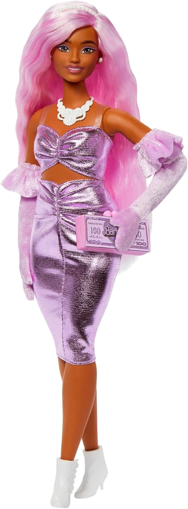 Barbie Doll Deluxe Style nr. 3 med Barbiecore-outfit, blont hår i hög knull, pastellrosa klänning med överdimensionerad rosett och accessoarer som nätstrumpbyxor, HYV27 Pink Naty Shop Dolls