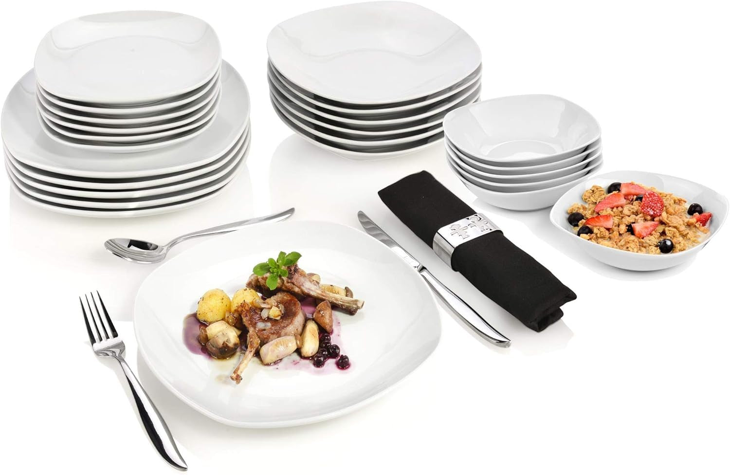 SANGER | Vit Bilgola servisset, 24 delar porslinsservis set för 6, fyrkantiga tallrikar, mattallrikar | PREMIUM KOLLEKTIONEN