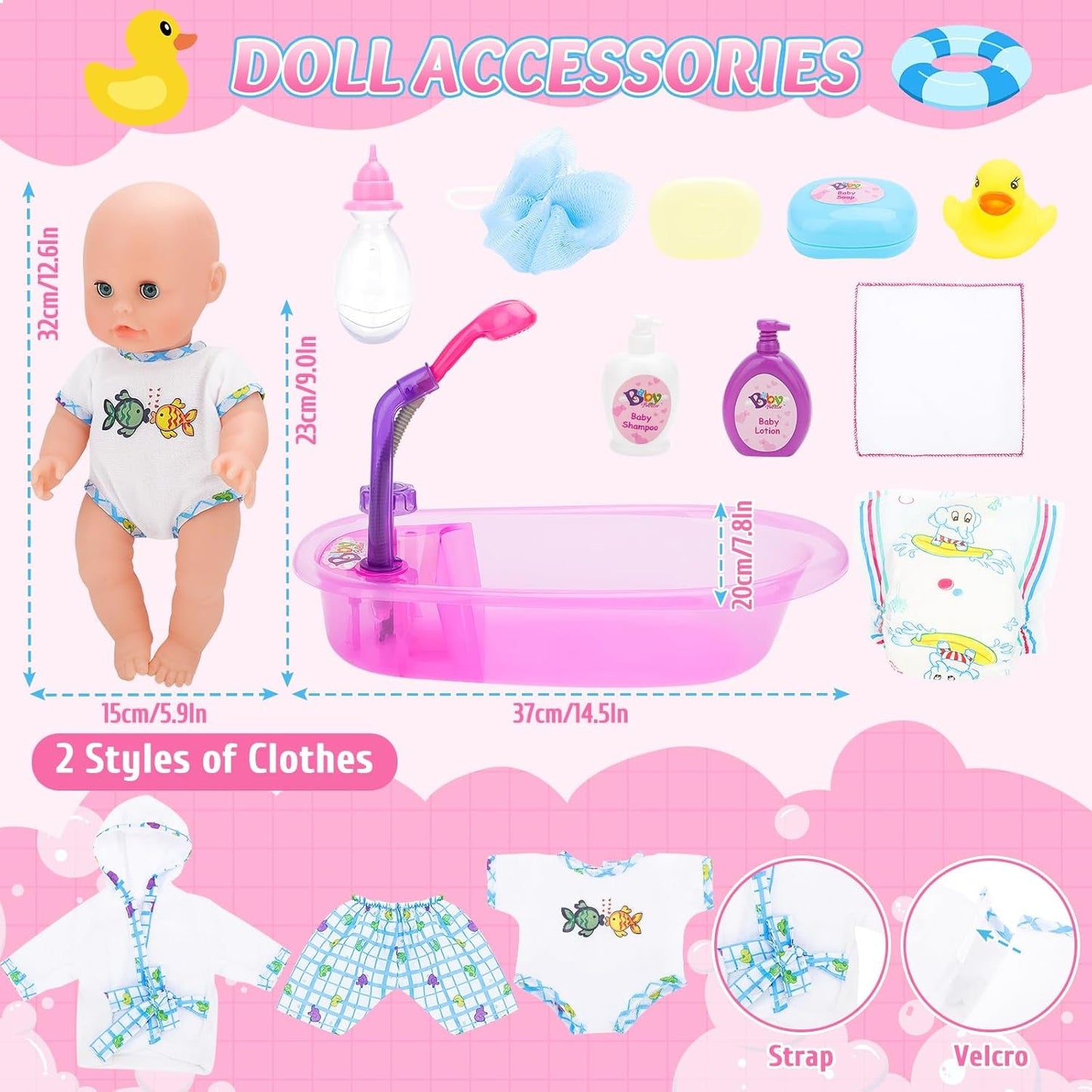 deAO Dockbadkarsset, 33 cm interaktiv docka, dockbadkar, docklekset med napp, dockkläder, badrock, dockblöjor, badkar och funktionell duschspray