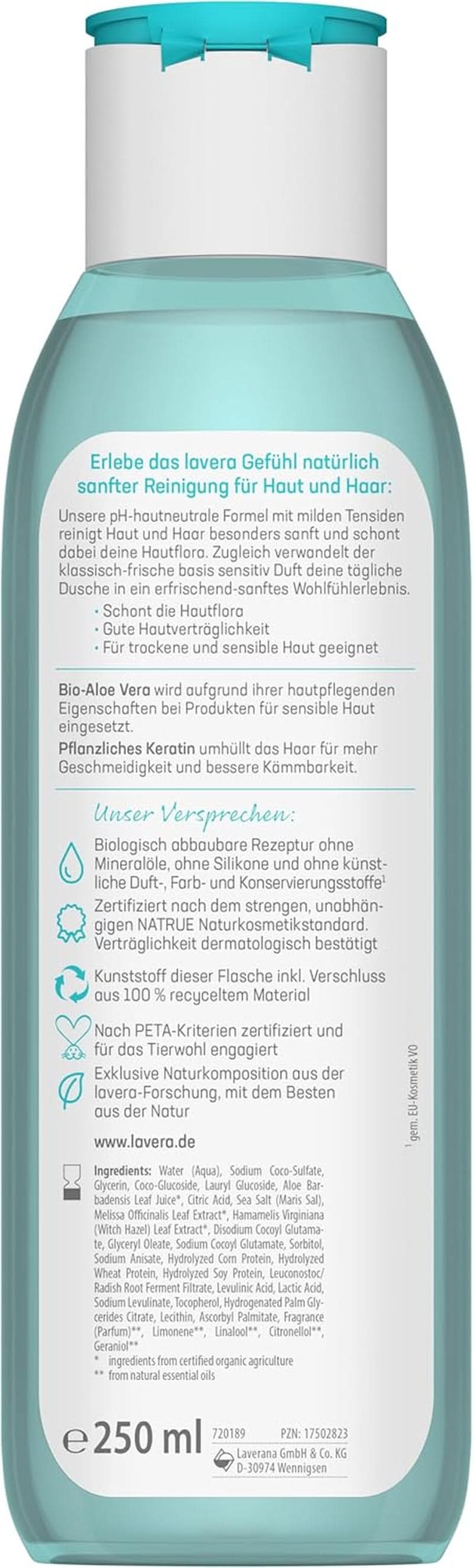Lavera Care Basis Sensitiv 2 i 1, schampo och duschgel med ekologisk aloe vera och vegetabilisk keratin, 250 ml dusch och bad Naty Shop