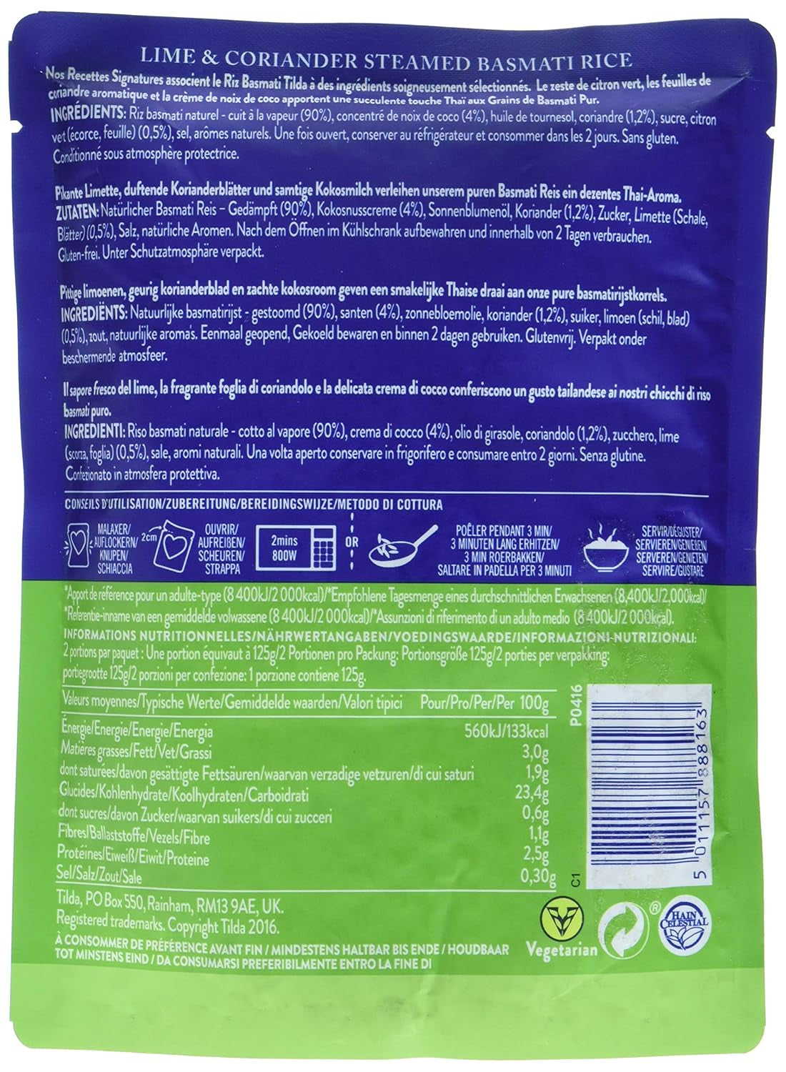 TILDA ångat basmatiris med lime och koriander för mikrovågsugn, 250 g