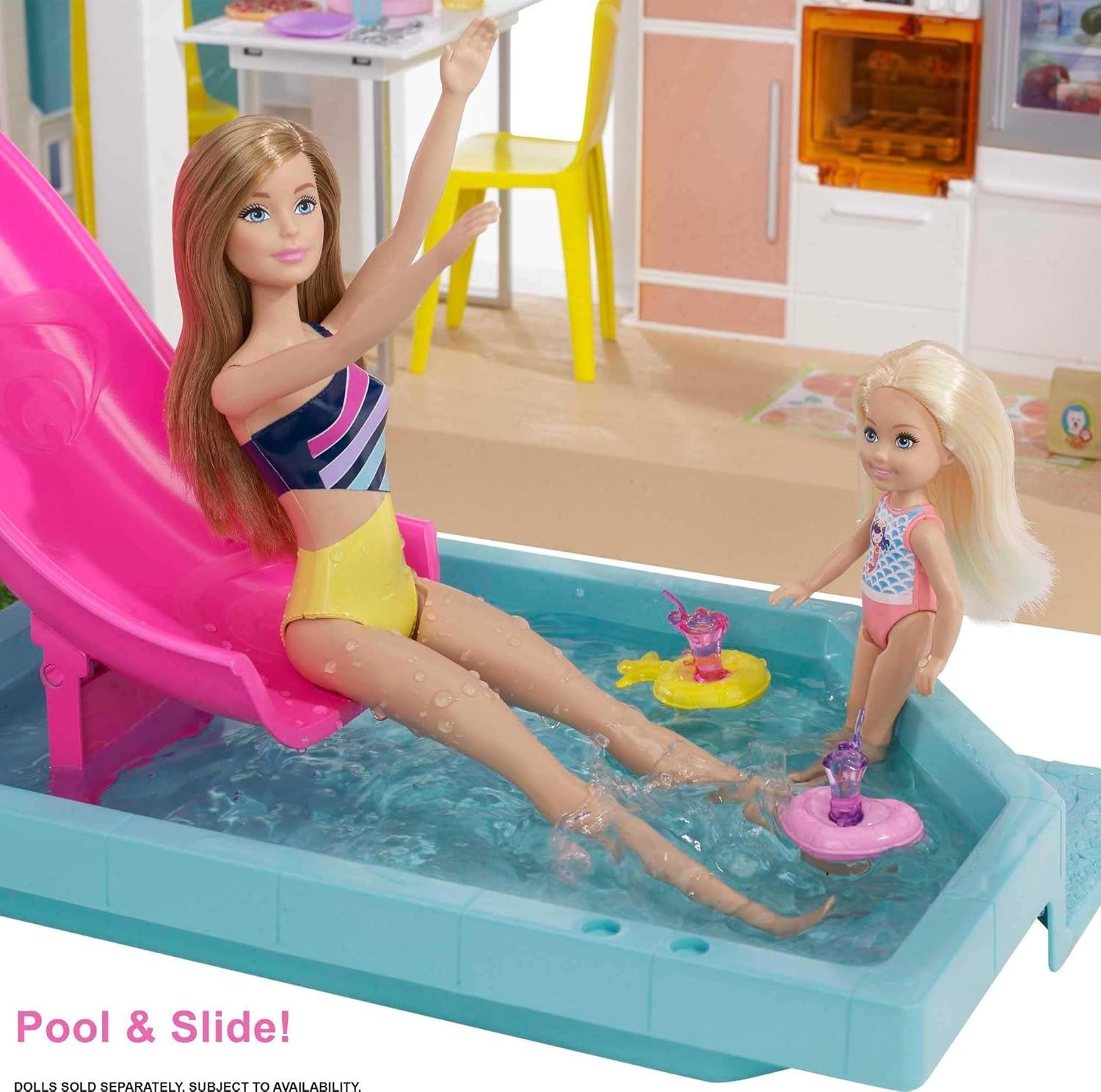 Barbie Dream House (114 cm), 3-vånings dockhus, pool, rutschkana, rullstolslift, 75 tillbehör, dockor, lämplig som present till barn från 3 år och uppåt, GRG93