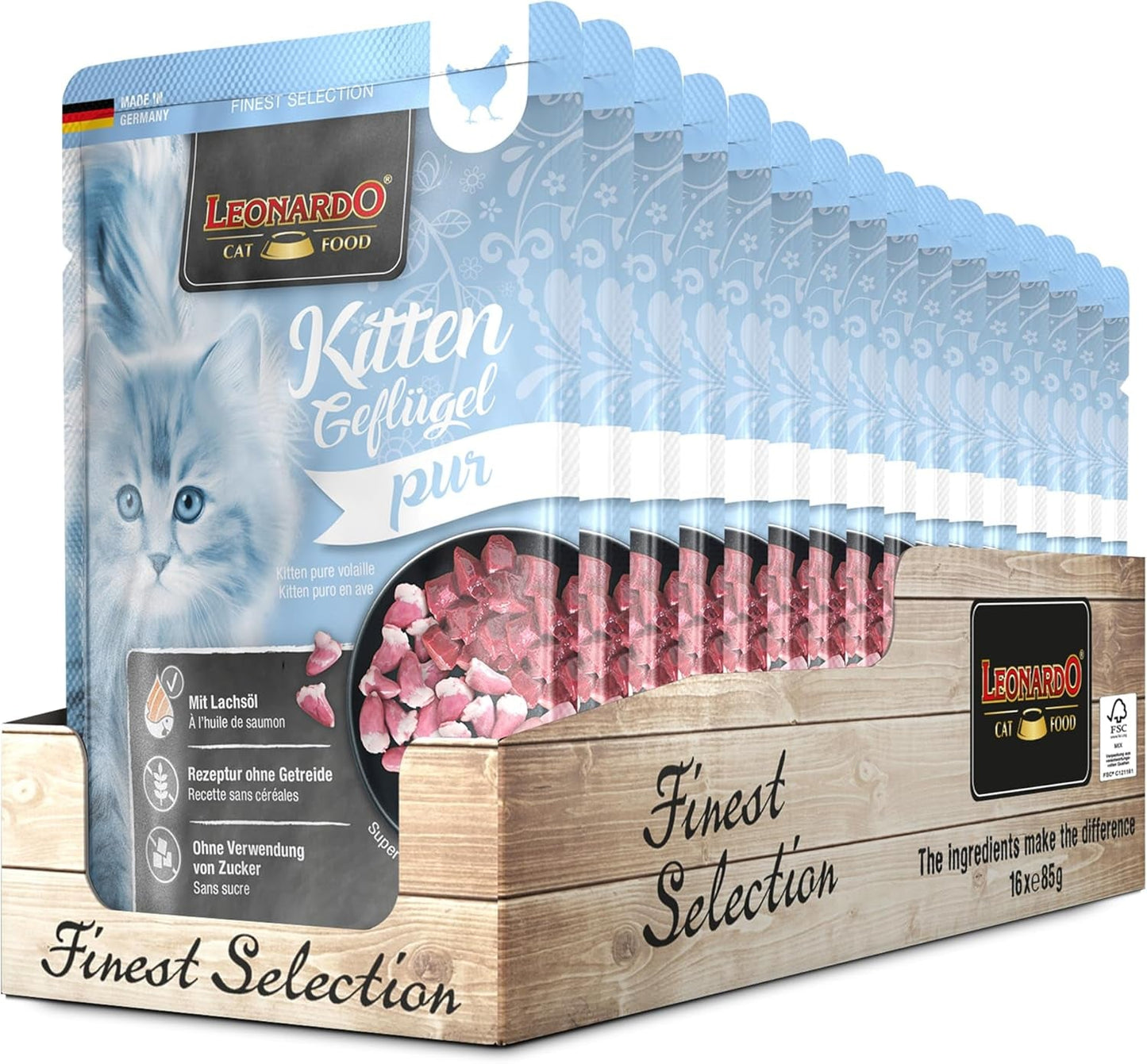 LEONARDO Fresh-påsar [16 x 85g våt kattmat, spannmålsfri] | Komplett våtfoder i individuella påsar