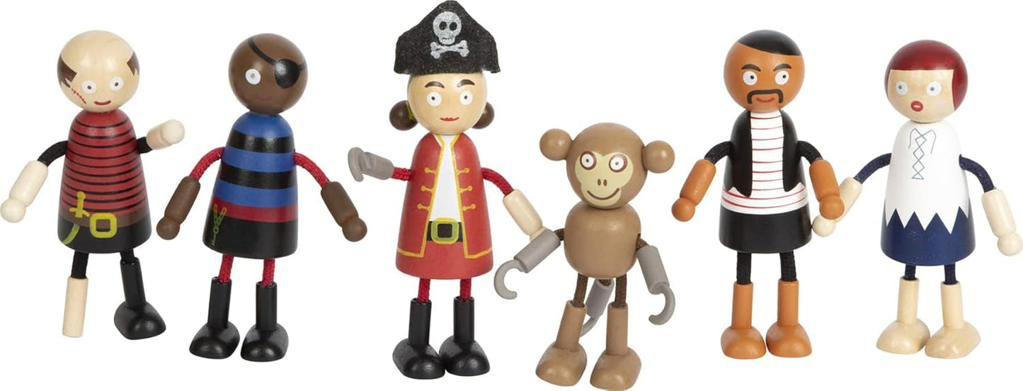 Små fots flexibla piratdockor i trä, 5 pirater och 1 apa, detaljerade och flexibla, 3+, 12412