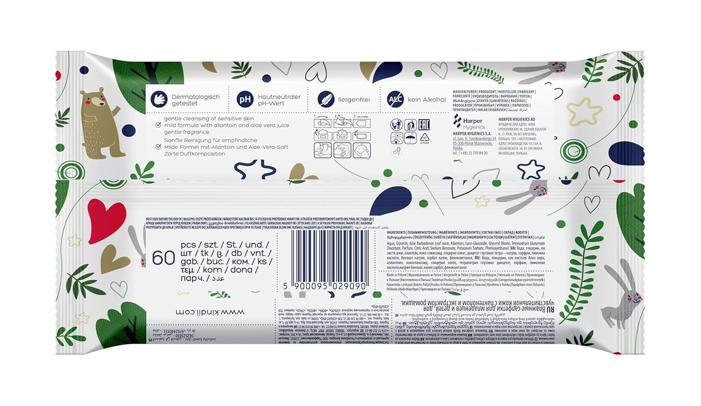 Kindii Natural Balance våtservetter för bebis – (1 x 60 st.) Våtservetter för bebisar och barn – Skyddande, Aloe Vera, Delikat doft – 60 st.