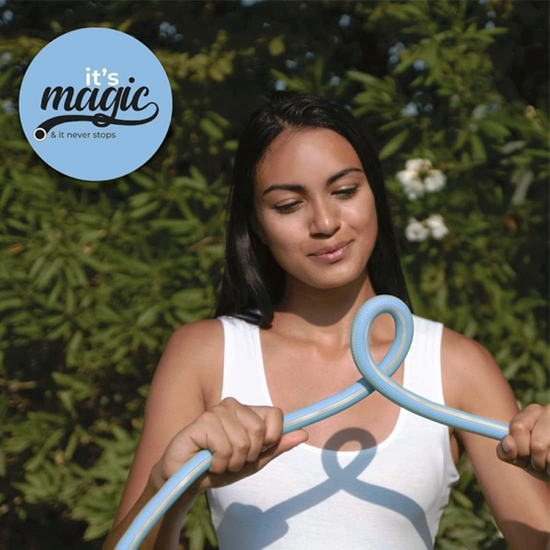 Magic Blue 10 meter knut- och vridsäker förlängbar trädgårdsslang med påse och sprutmunstycke