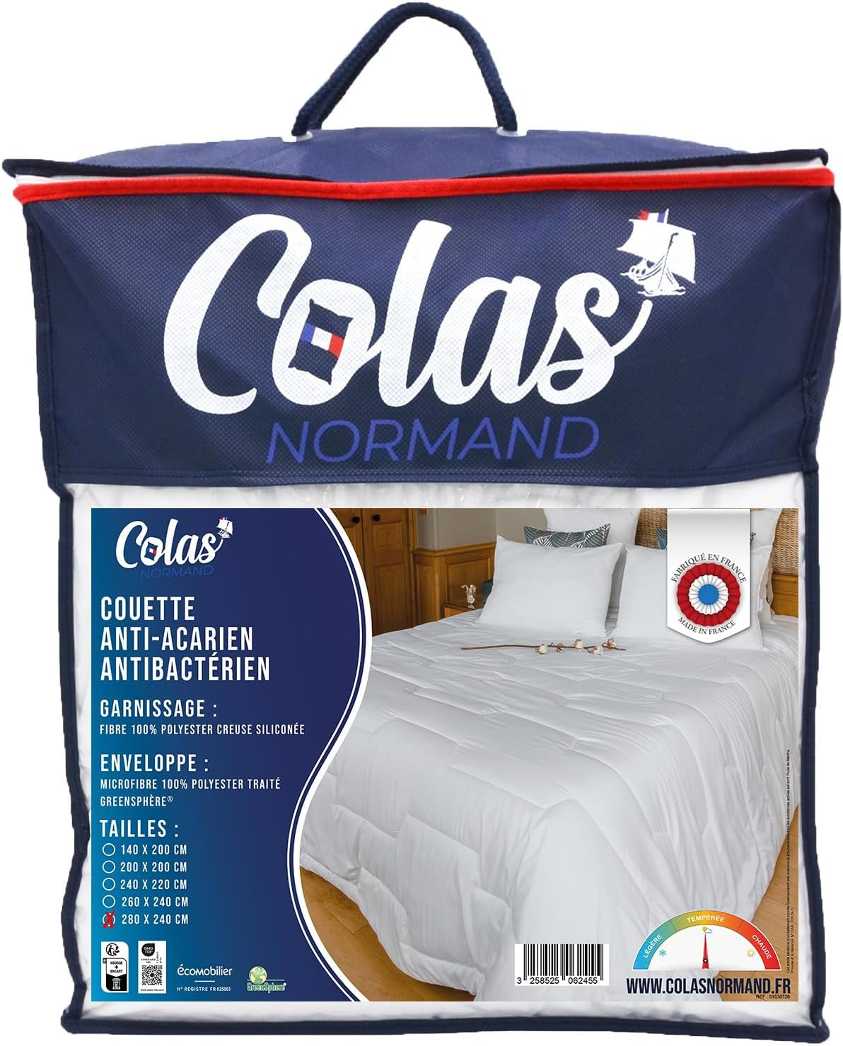 COLAS NORMAND - Täcke mot kvalster och bakterier - Tempererat - 280 X 240 Cm - Långvarig effekt - Perfekt hygien - Mikrofiber - Mjukt och bekvämt - Tvättbara täcken och täcken Naty Shop