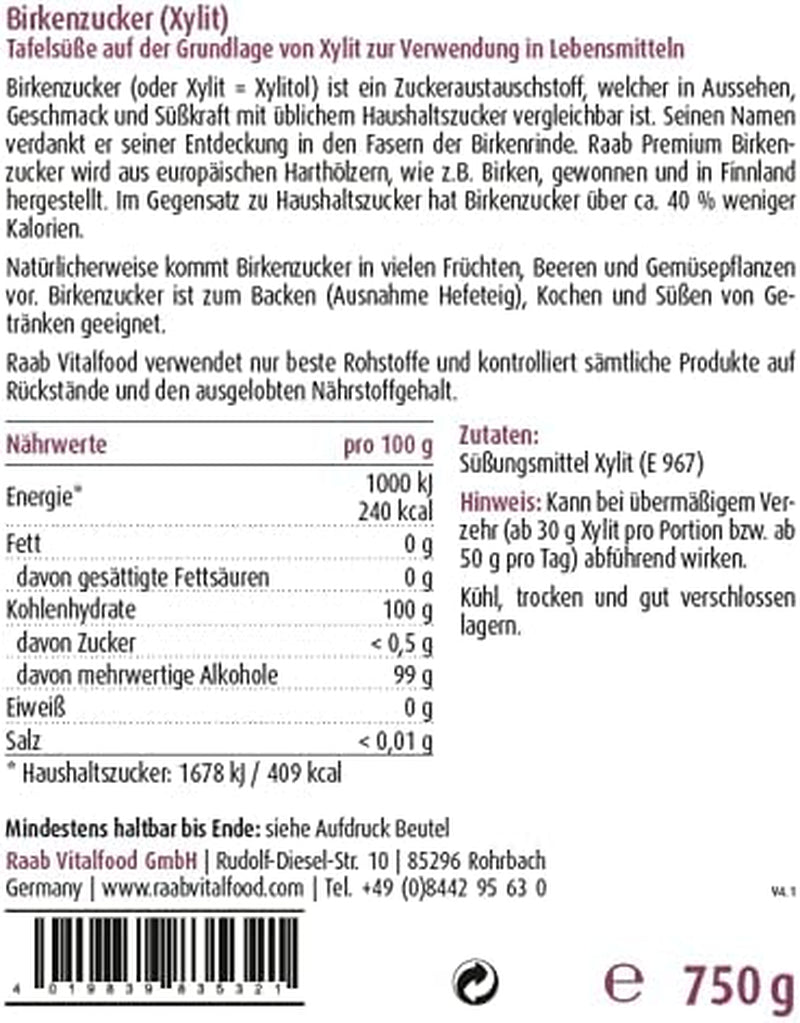 Raab Vitalfood Premium Birkenzucker, Xylit, Vegan, 1:1 Zucker-Alternative, Süßungsmittel, Zahnfreundlich, Vorratspack, 750 G Sweeteners Naty Shop