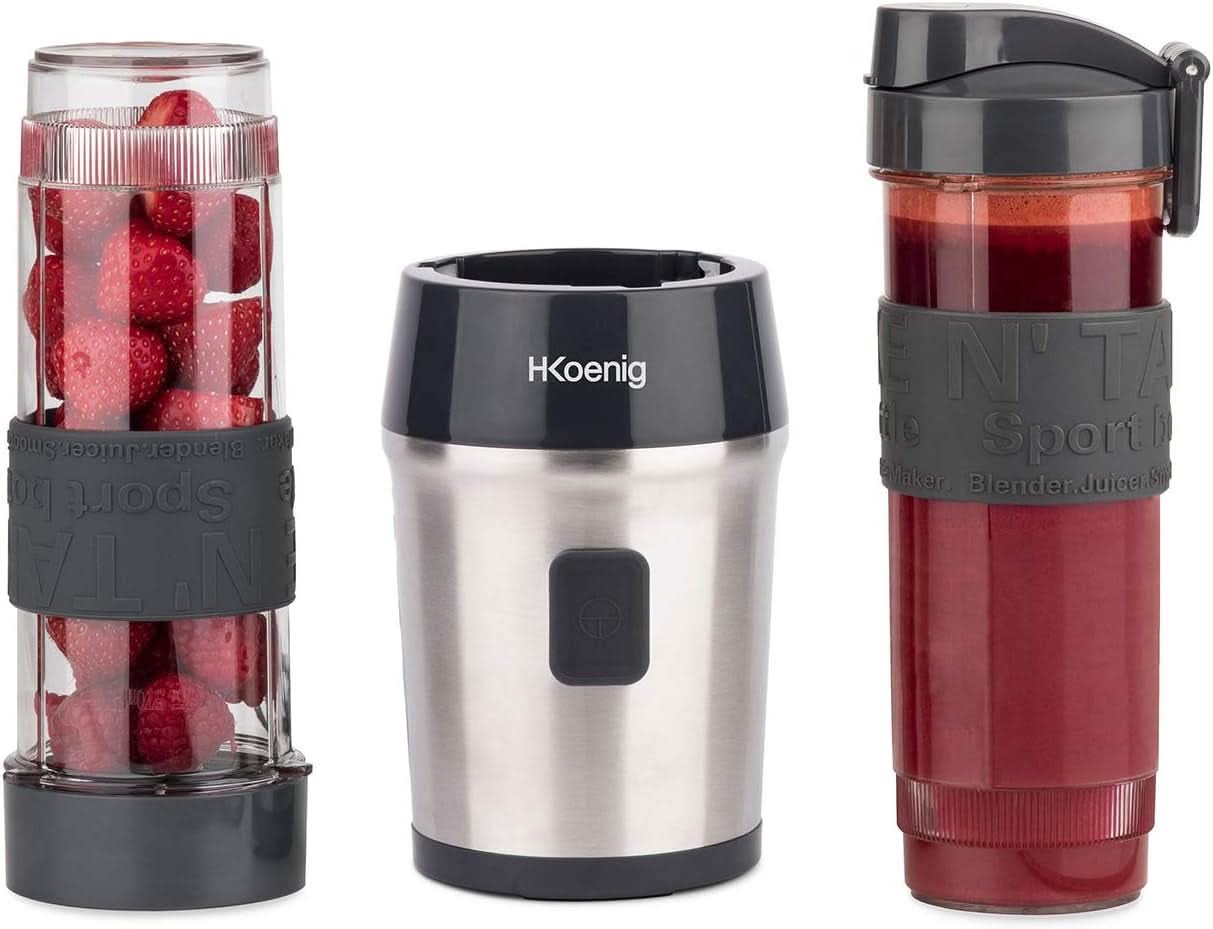 H.Koenig Smoothie Maker SMOO9 - Mini Standmixer - Mini Mixer - 300 Watt - 570 Ml - Edelstahl - 2 Kunststoffflaschen - Bpa-Frei, Grau Kitchen Naty Shop