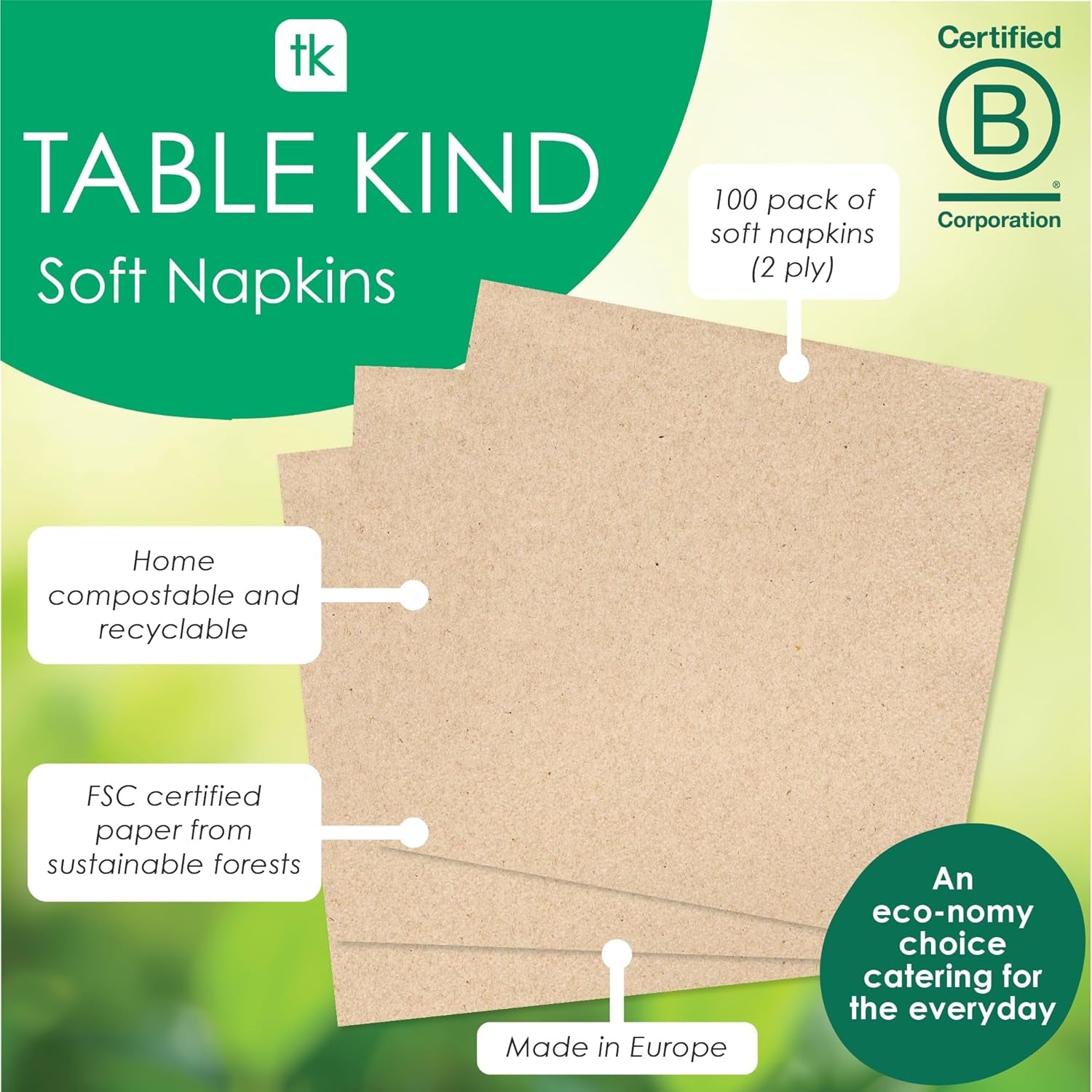 Bord Typ | 100 Bulk Pack mjuka återvunna pappersservetter Bruna engångsservetter för fest Lämpliga för dagligt bruk Miljövänlig Kraft Oblekt komposterbar Tillverkad i EU 2 Ply 33 cm