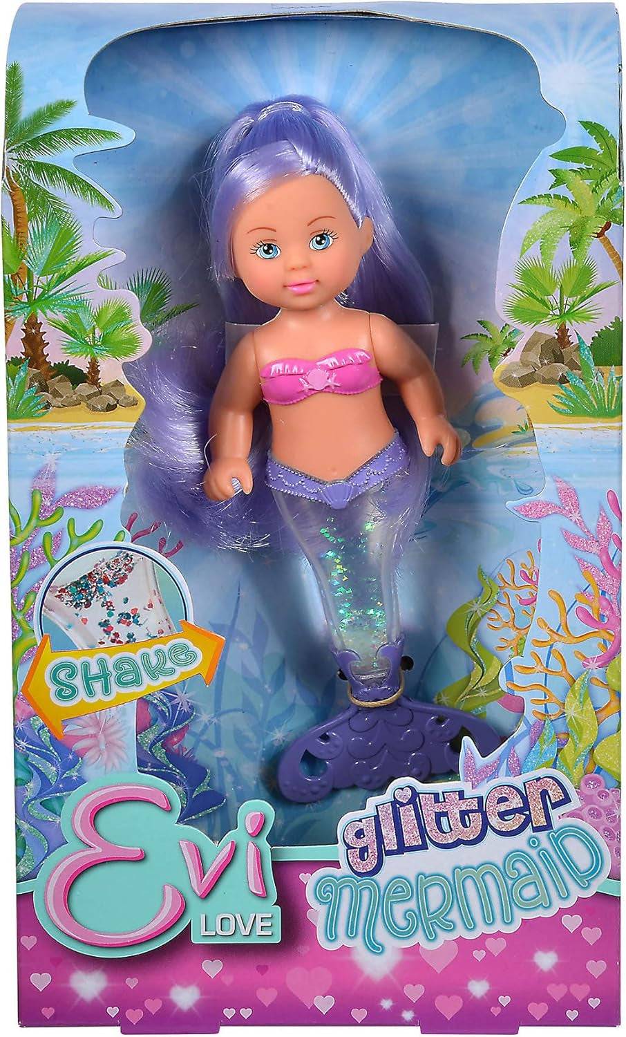 Simba 105733482 - Evi Love Glitter Mermaid, sjöjungfrudocka med stjärtfena som lyser när den skakas. Endast EN vara tillhandahålls.