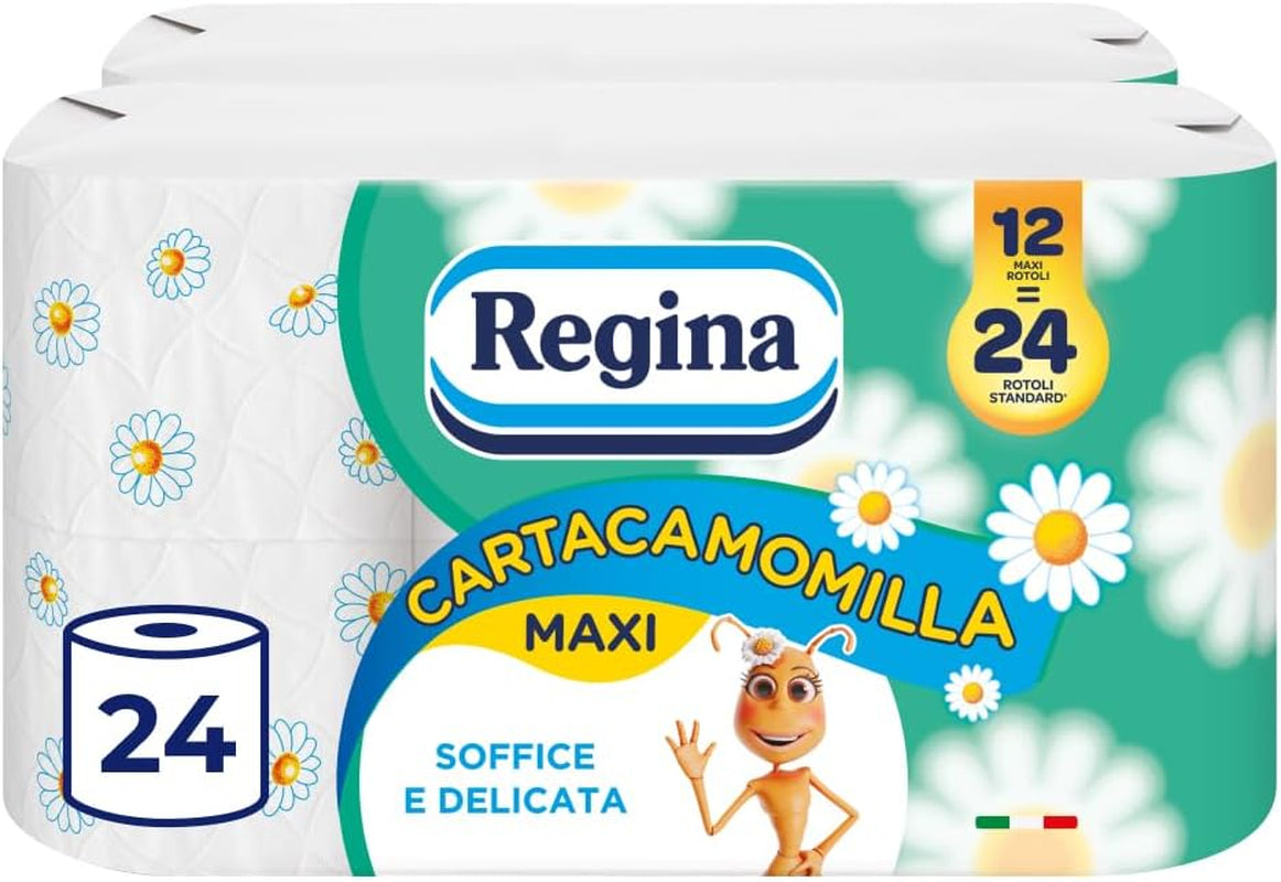 Regina Cartacamomilla - 8 rullar toalettpapper, 300 fluffiga ark, 3 lager, mjukt och fast, återvinningsbart pappersförpackning