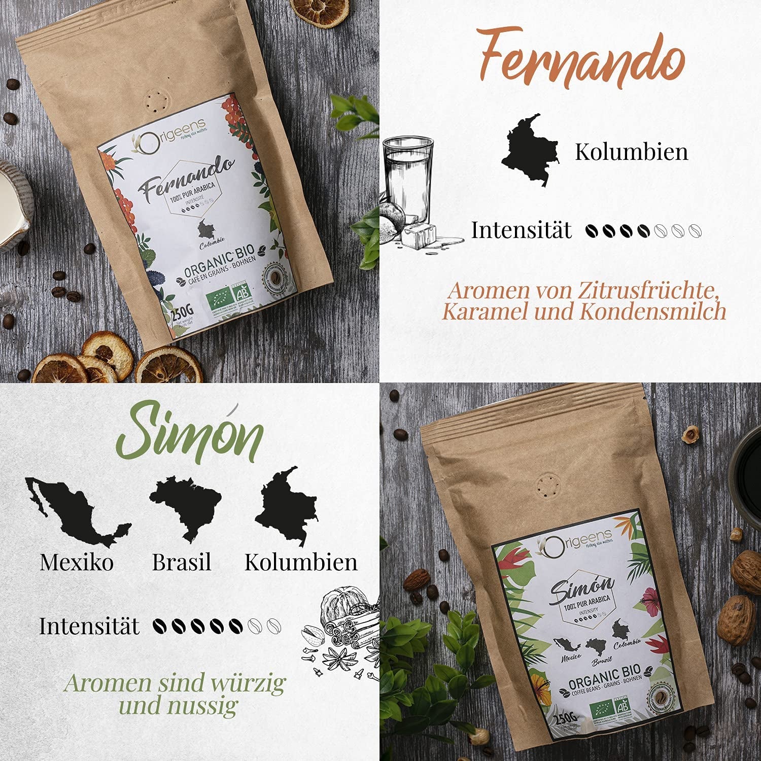 ORIGEENS Bio Kaffeebohnen Probierset 1kg | Premium Bio Arabica Kaffee Ganze Bohnen Set 4x250g | Traditionell Röstung | Kaffe Geschenkset