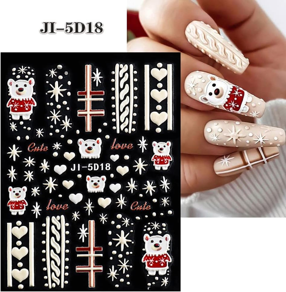 5 Blatt 3D Nagelsticker Weihnachten Nagelaufkleber 5D Stereoskopisk Selbstklebend Schneeflocke-Weihnachtswinterurlaub Nail Art Sticker Dekoration Nageldesign Zubehör
