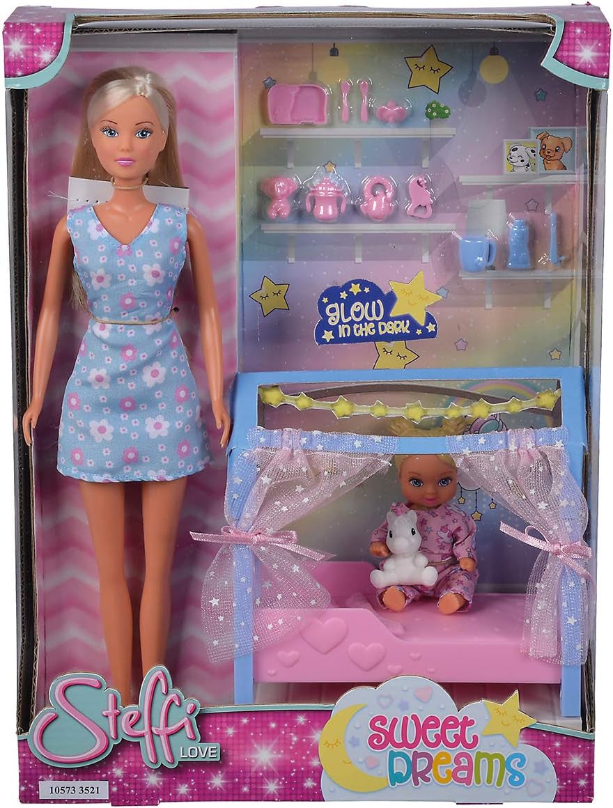 Simba Steffi Love Sweet Dreams / Söt babydocka och spjälsäng / med glöd-i-mörker-funktion / 12 stycken / 29cm / För barn från 3 år och uppåt
