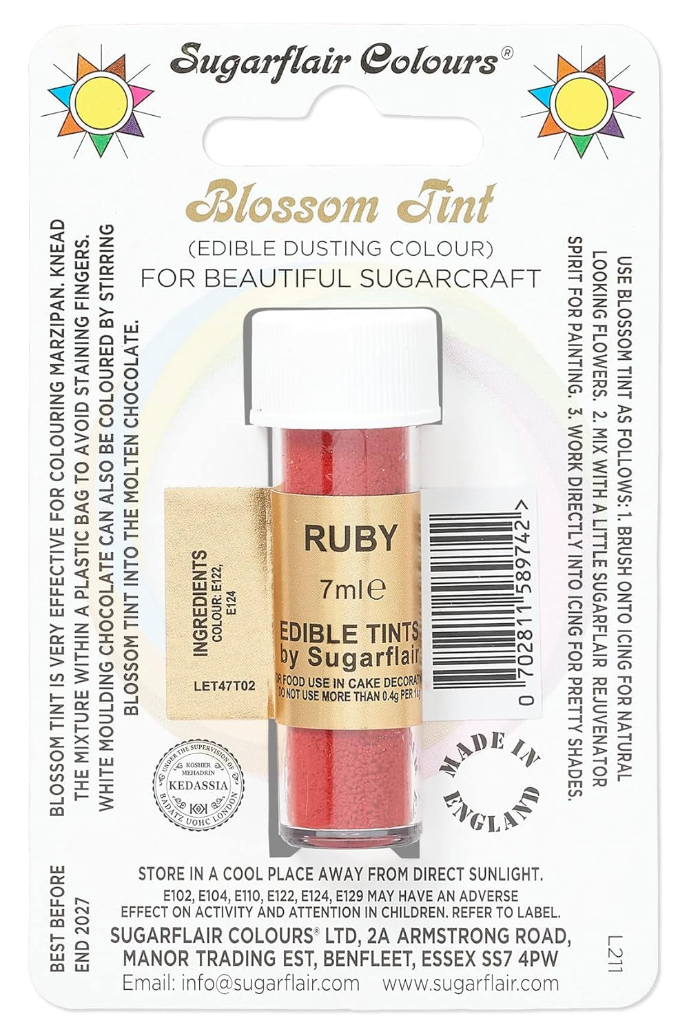Livsmedelsfärgpulver Sugarflair Blossom Tint Dusting Ruby - Livsmedelsfärgpulver för dekoration av färgad sugarpaste, fondant, glasyr, choklad, smörkräm, macaroons - 7 ml