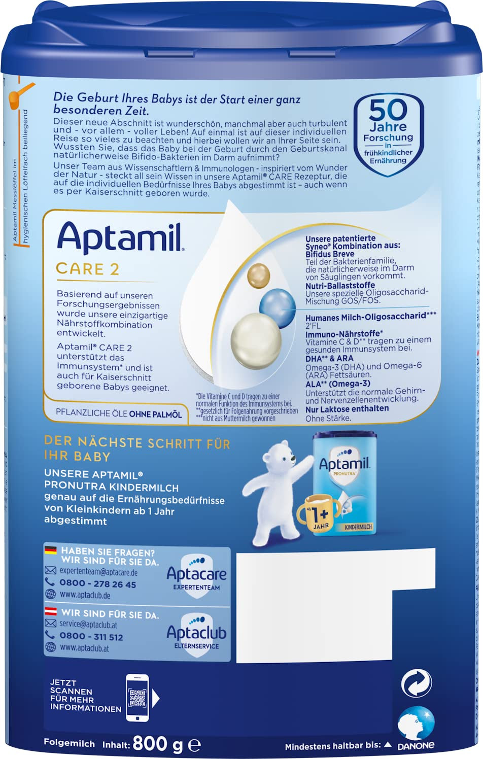 Aptamil Care 2 - Tillskottsmjölk efter 6 månader, med Omega 3 och 6, DHA och ARA, palmoljefri, barnmat, mjölkpulver, 1 x 800 g (förpackning med 3)