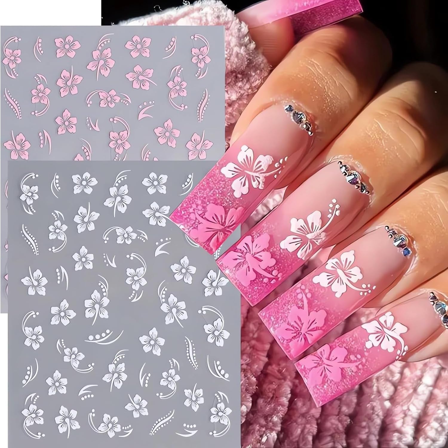 8 Stück Hibiskus Nagelsticker, 3D Selbstklebende Blumen Nagelaufkleber, Weiß Rosa Gelb Magenta Sommer Neonagelklistermärke, Nagelkonst Zubehör Nagel Deko Für Frauen