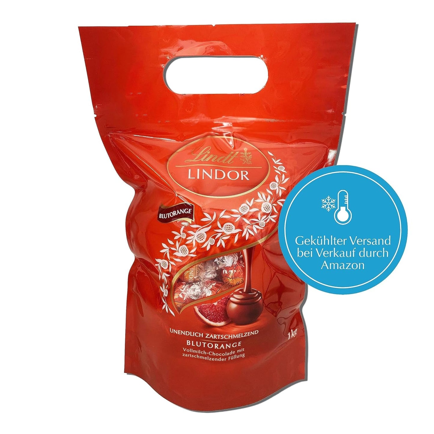 Lindt LINDOR Röda Orange Chokladbollar | 1 kg återförslutningsbar påse | ca. 80 chokladgodisar med smält-i-mun-fyllning | Bulkpaket, chokladpresent