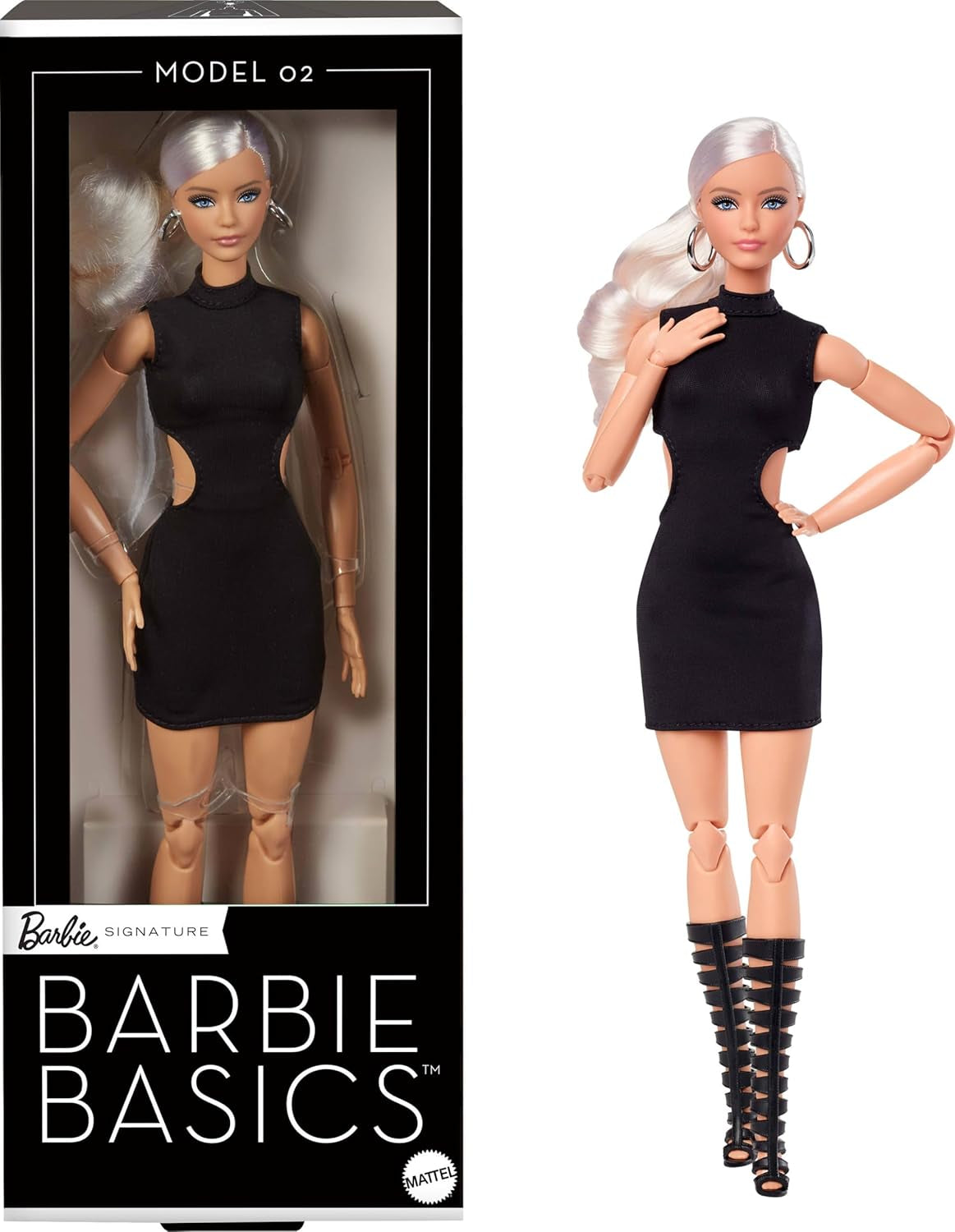 Barbie Basics Model 2 Samlardocka med blont hår, svart miniklänning och gladiatorstövlar, Universal Fit Fashion, rörlig kropp och utbytbart huvud, JBH71 Naty Shop Dolls Standardtitel