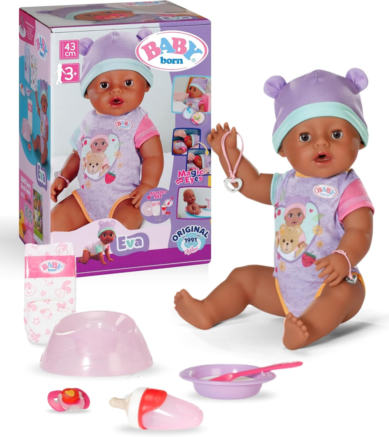 BABY Born Eva - babydocka 43 cm - 10 funktioner inklusive tillbehör och madrass - Fungerar helt utan batterier - Lämplig för barn från 3 år och uppåt