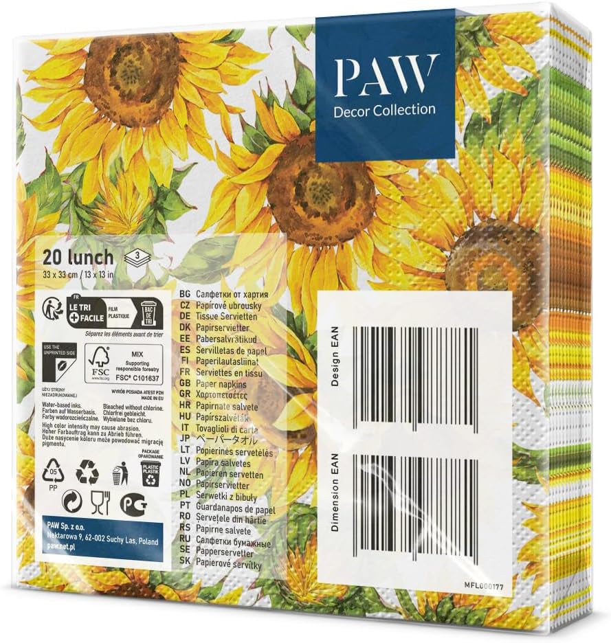 PAW - 3-lagers servetter (33 X 33 Cm) I 20 stycken I Perfekt för födelsedagar, fester, datum I Höstbordsdekorationer I Färgglada pappersservetter - Solrosgula kronblad I Dansande solros
