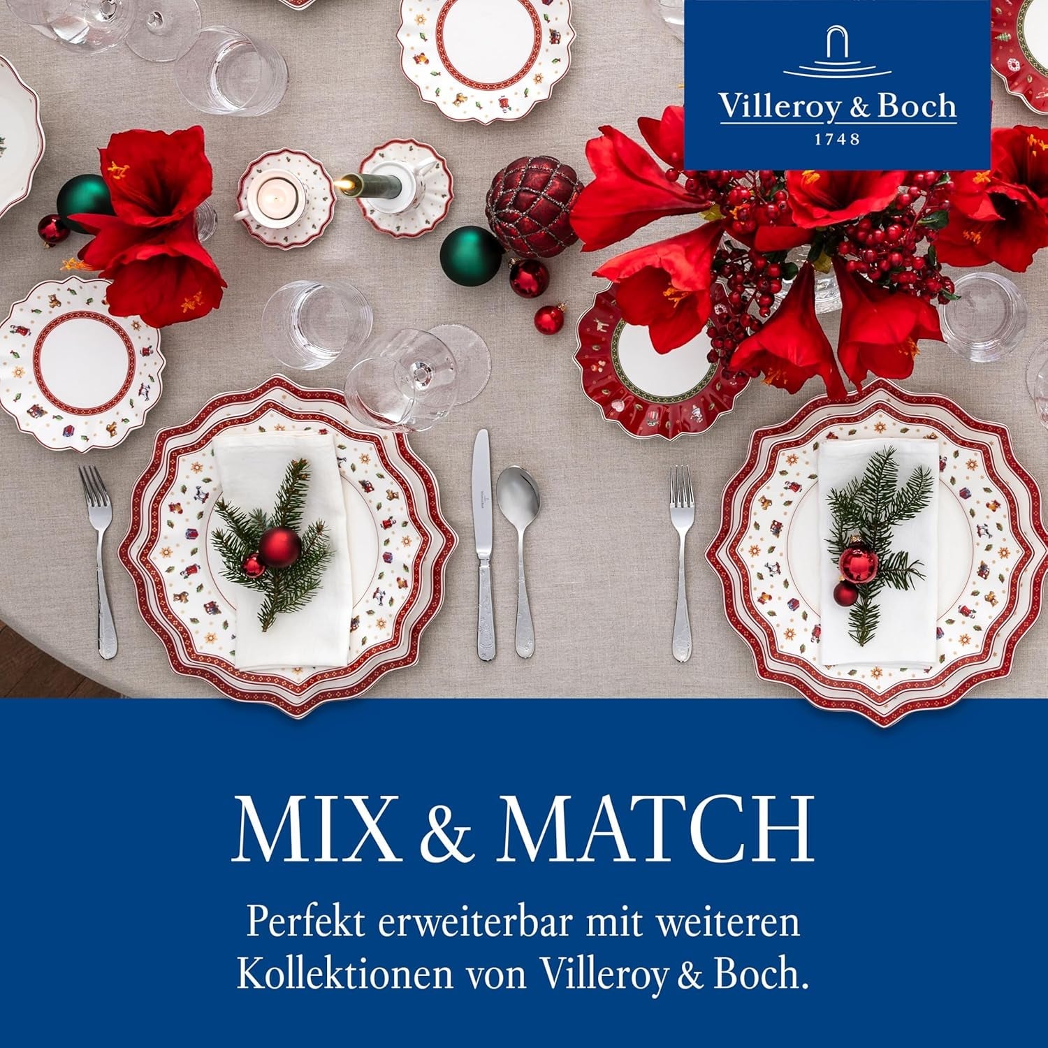 Villeroy & Boch - Toy's Delight frukostset för 2, lokdesign, 6 delar, färgglatt, jul, servisset med tallrikar, koppar och skålar till frukost, julservis, premiumporslin