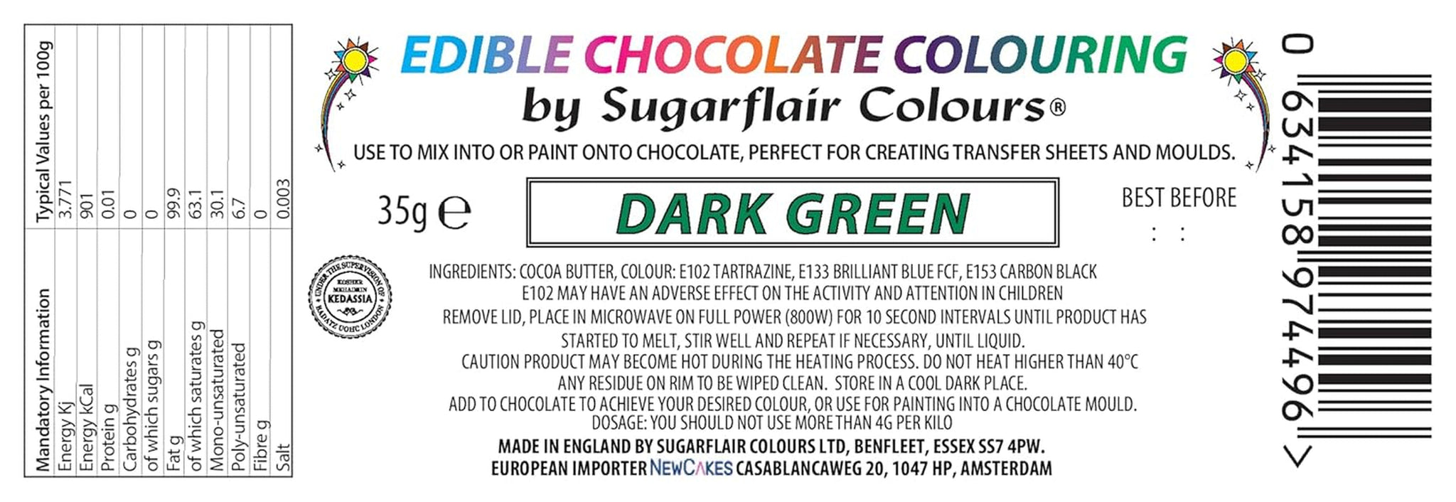 Matfärg Sugarflair Chocolate Matfärg för mörkgrön choklad - Färgat ekologiskt kakaosmör, chokladfärg för färgning av choklad, praliner - 35g