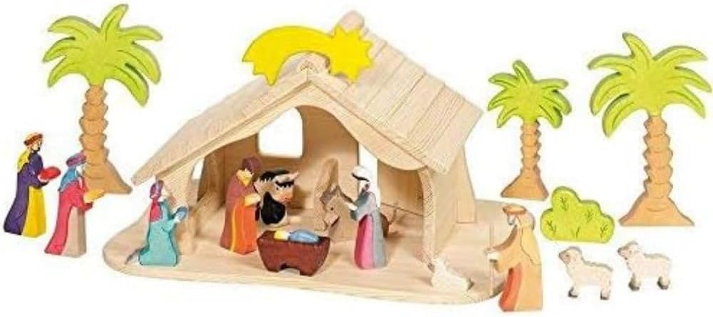 Holztiger dockhus med julstjärna (inga figurer, inga träd)